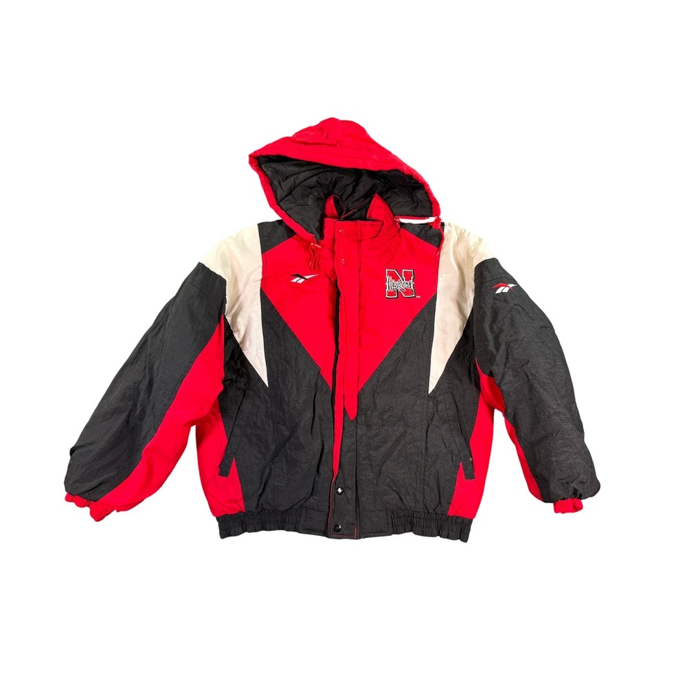 Reebok Nebraska Huskers Jacket Mens Medium Red Black Vintage Puffer Hooded NCAA
